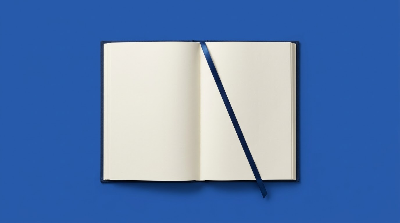 An open book with a ribbon bookmark, on a cobalt blue background