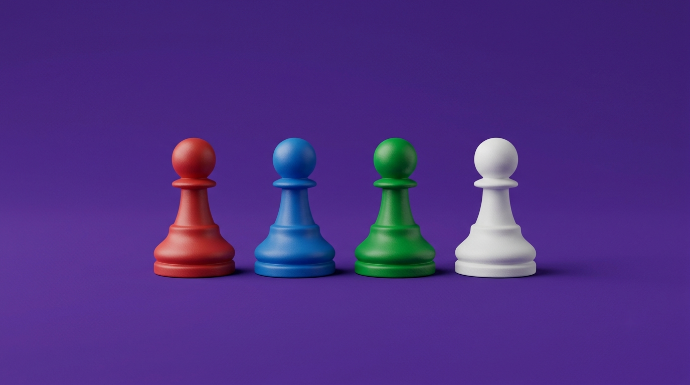 Four chess pawns in four colours, on a violet background