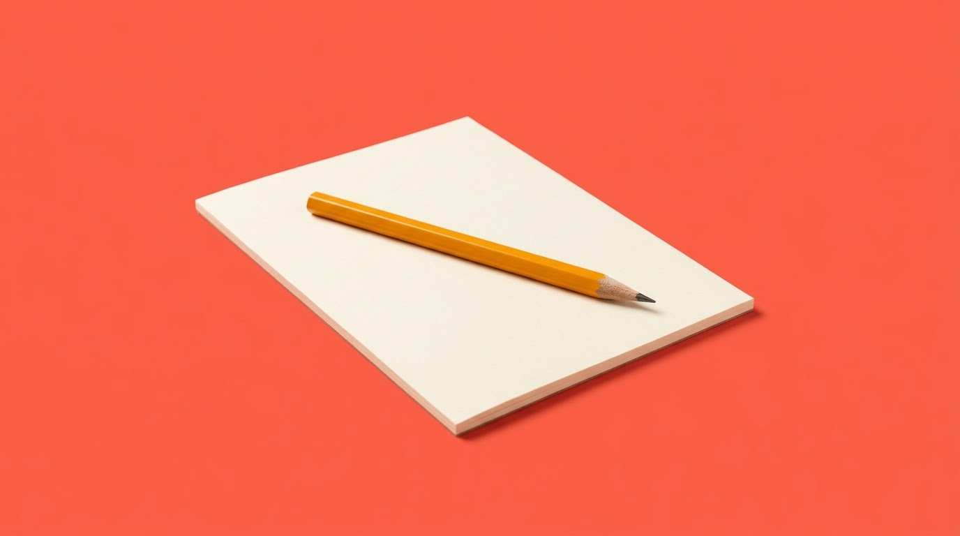 A sharpened pencil on a blank notebook, on a coral background