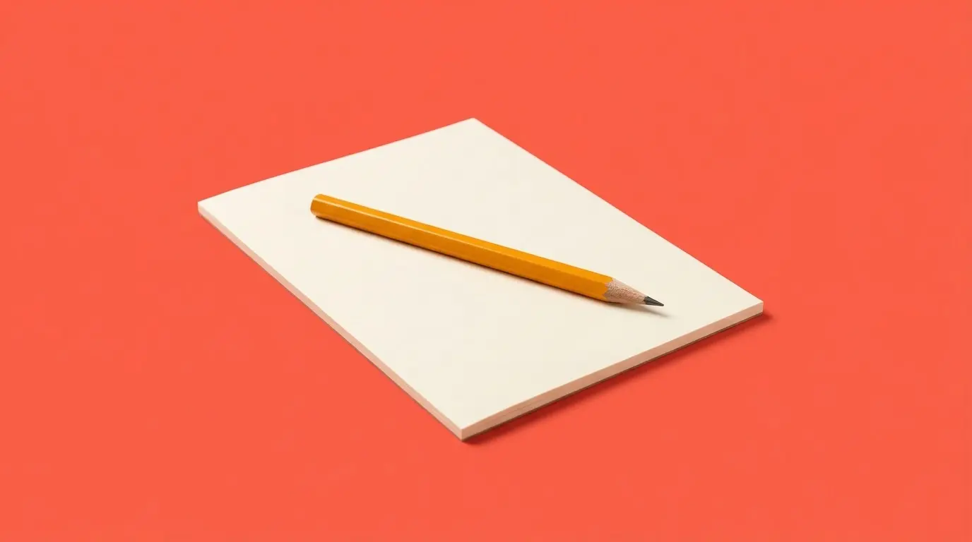 A sharpened pencil on a blank notebook, on a coral background