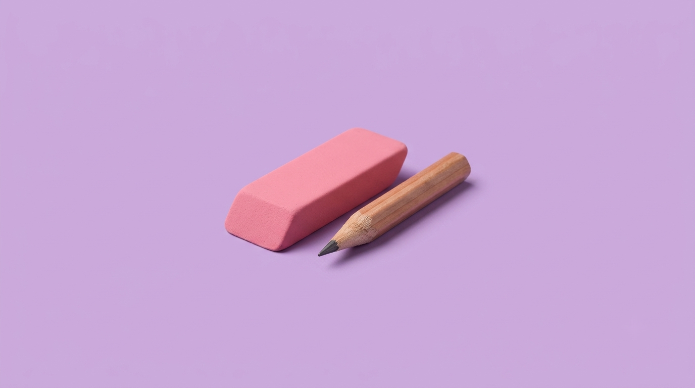 A pink eraser beside a sharpened pencil, on a lilac background