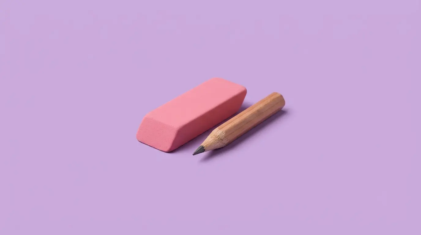 A pink eraser beside a sharpened pencil, on a lilac background