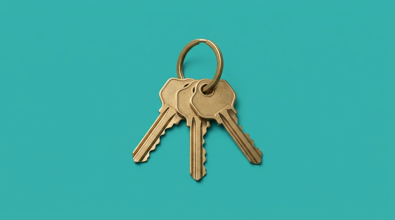 A key ring with three keys, on a teal background