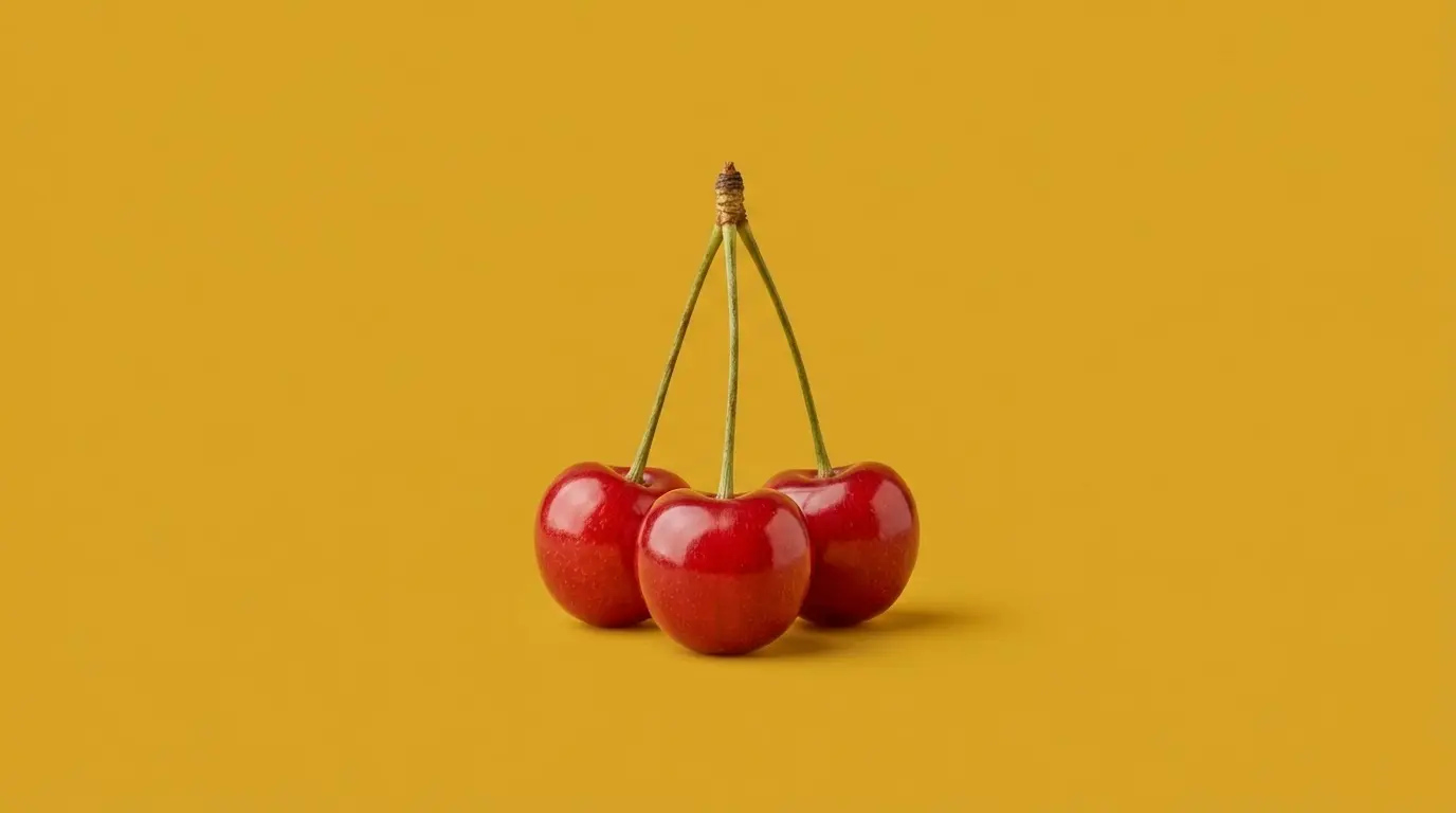 Three ripe cherries on one stem, on a mustard background
